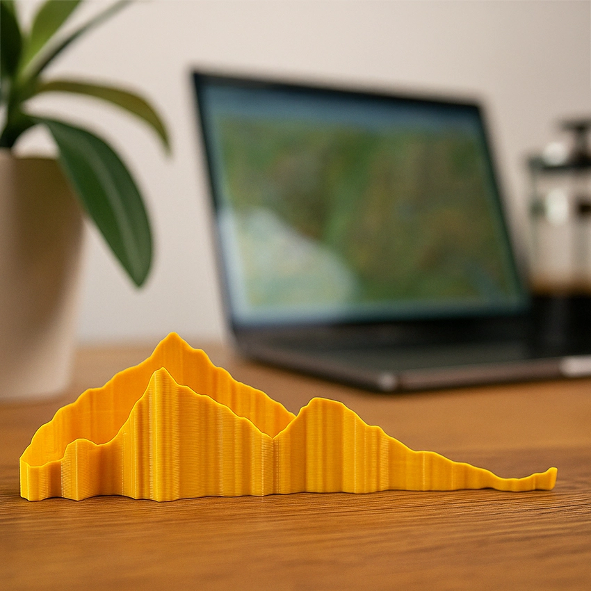 Gelbes 3D-gedrucktes Höhenprofil einer Tour auf einem Schreibtisch, im Hintergrund die Route auf einem Laptop